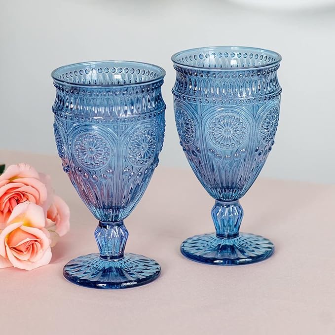 WEDDINGSTAR Vintage Style Pressed Glass Wine Goblet 10oz - Blue