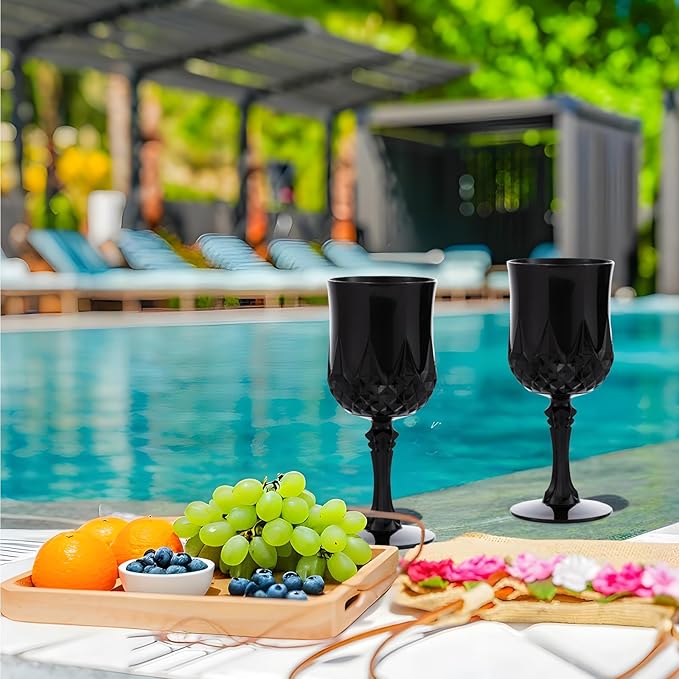 JLYLOL Plastic Vintage Wine Glasses 7OZ Plastic Goblets Vintage Drinking Glasses 12PCS Retro Wedding Glassware Water Goblets Reusable Drinking Cups for Party,Reception,Celebration,Bar,Whiskey(Black)