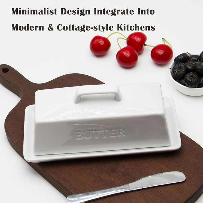 Ceramic Butter Dish With Lid for Countertop, Covered Butter Container, Large Butter Holder With Lid, Butter Tray With Handle White