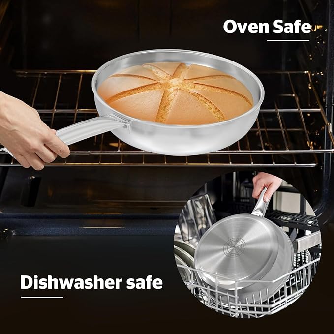 SUNHOUSE 9 Inch Tri-Ply Stainless Steel Frying Pan, Whole-Clad No Coatings Skillet with Stay-cool Handle for Cooking, Durable & Oven Safe to 500°F, Dishwasher Safe, Compatible with All Cooktops