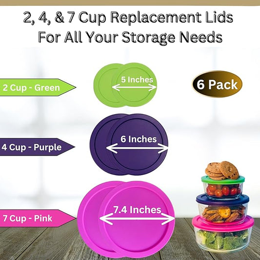2, 4 & 7 Cup Spring Green, Purple, Pink Replacement Lids/Covers for Pyrex, Anchor Hocking & KlareWare Storage Bowls *Lids Only Glass Container Not Included* (6 Pack *Two of Each Size*)