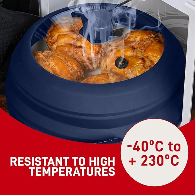 Microwave Splatter Cover Glass 11.8 Inch - Collapsible Microwave Splatter Cover for Plate & Bowl - Tempered Glass Top, Food-Grade Silicone Dome with Heating Vents & Heat-Safe Handle (BLUE DARK)