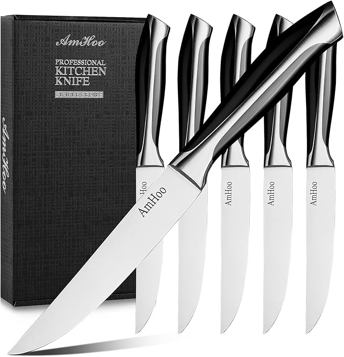 AmHoo Steak Knives Set of 6 Non Serrated 5-inch High Carbon Stainless Steel Ultra Sharp ABS Handle