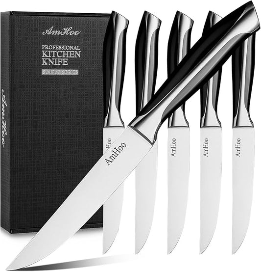 AmHoo Steak Knives Set of 6 Non Serrated 5-inch High Carbon Stainless Steel Ultra Sharp ABS Handle
