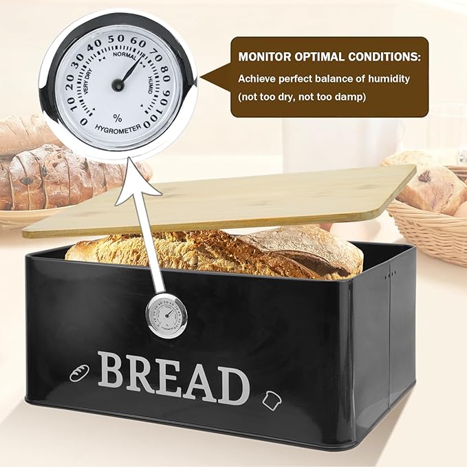 Black Bread Box for Kitchen Countertop with Bamboo lid, Hygrometer Kitchen Organizer for Sourdough, Buns, and Loaves, Bread Storage Container