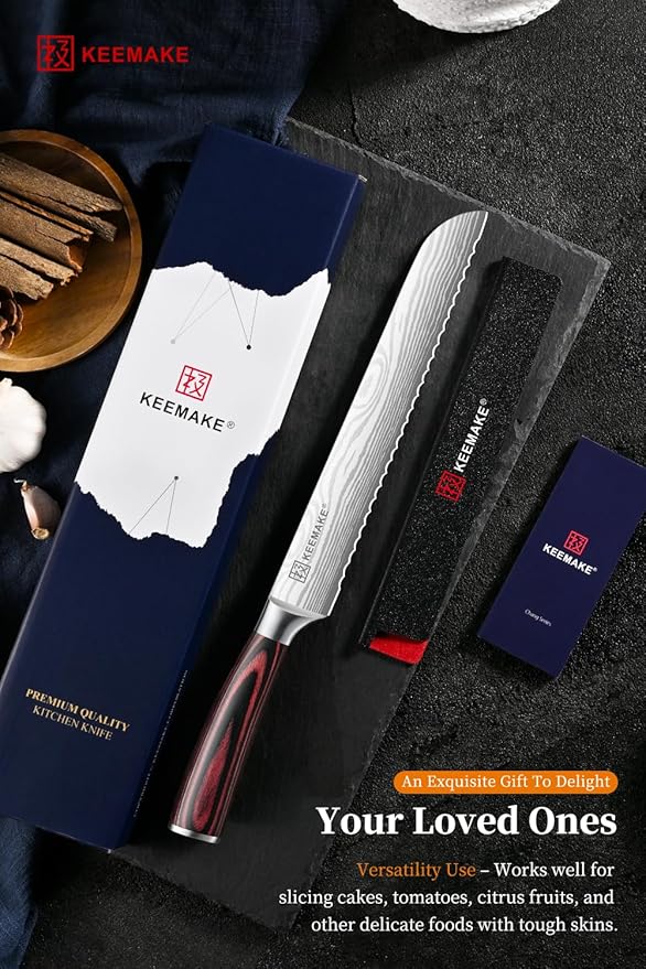 KEEMAKE Serrated Bread Knife 8-inch Ultra Sharp High Carbon Stainless Steel Bread Slicer Knife for Homemade Breads Sourdough Bagels Cakes and Soft Produce - Ergonomic Pakkawood Handle, w/Sheath