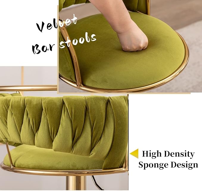 LukeAlon Velvet Adjustable Barstools, Modern 360° Swivel Counter Stools with Golden Base Upholstered Open Back Tall Bar Chair with Footrest for Home Kitchen, Green