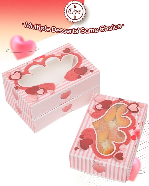 qiqee Valentine's Day Cookie Boxes for Gift Giving 8x5.3x2 inch 36Packs Treat Box with Window Bakery Box for Valentine's Day