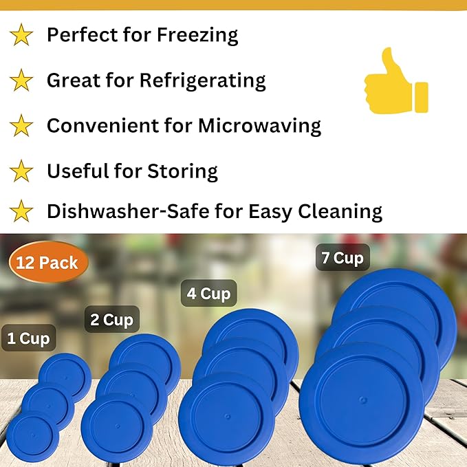 1, 2, 4 & 7 Cup Blue Replacement Lids/Covers for Pyrex, Anchor Hocking & KlareWare Storage Bowls *Lids Only Glass Container Not Included* (12 Pack *Three of Each Size*)