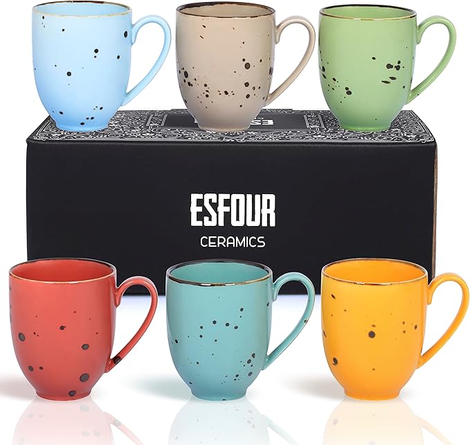 Coffee Mugs Set Of 6, 14 Oz Large Handle Heavy Duty Cups - Microwave Dishwasher Safe - Latte, Cappuccino, Tea, Cocoa, Mocha - Men, Women, Home Office Daily Use, Vivid Assorted Colors