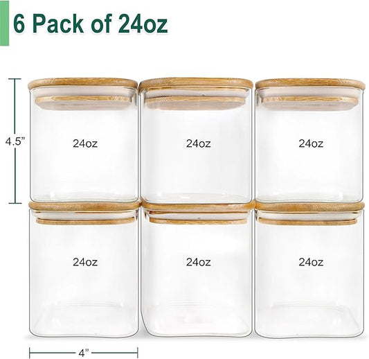 Urban Green Glass Jars with Airtight Lids, Airtight Glass Canisters with Locking Lids, (Bamboo-6P-24oz)