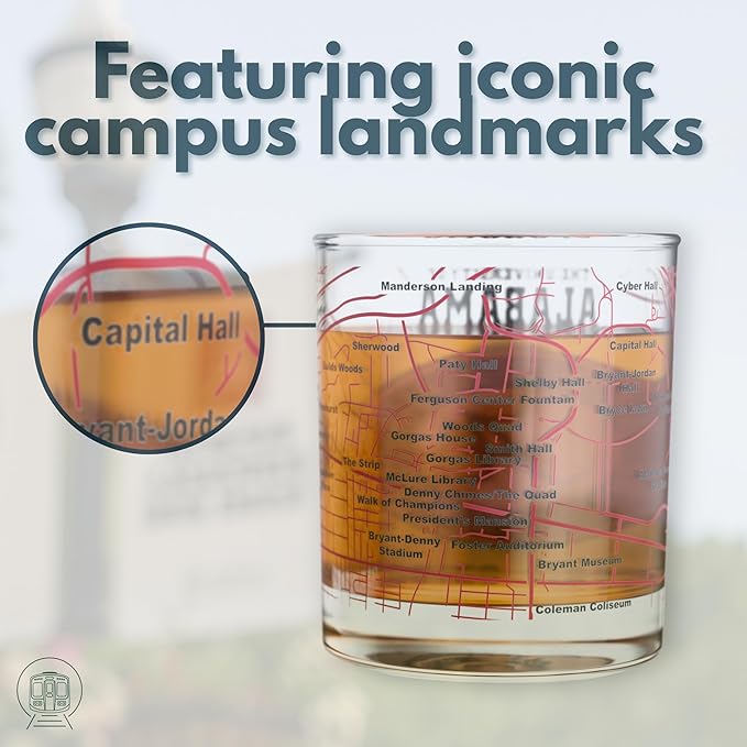 Greenline Goods – University of Alabama Crimson Tide College Whiskey Glasses (Set of 2), 10 oz – Full-Color Logo + Campus Map