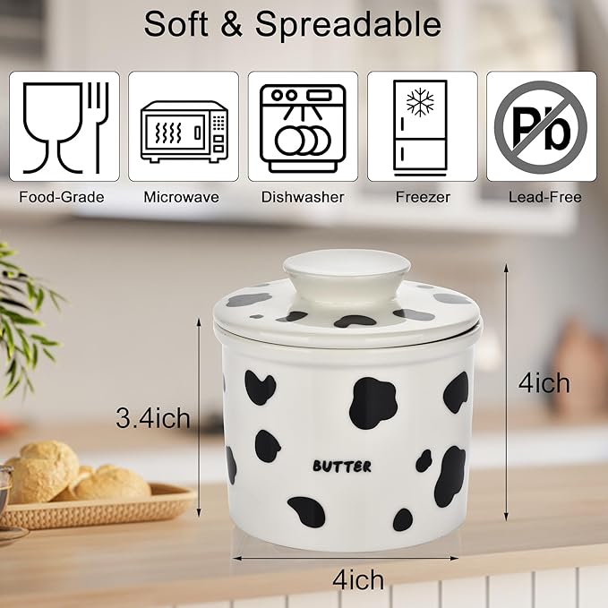 Cows Butter Crock - French Style Ceramic Butter Keeper and Butter Dish with Lid, Black and White Butter Holder for Countertop Storage, Airtight Container for Soft, Spreadable Butter
