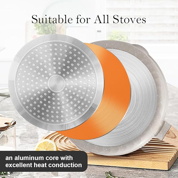 11 Inch Nonstick Deep Frying Pan with Lid, 4-Pc Set - (4.5 Qt Saute Pan with Lid, Steamer/Strainer Basket, Silicone Spatula), Skillet with Detachable Handle, Oven Safe, Non-Toxic