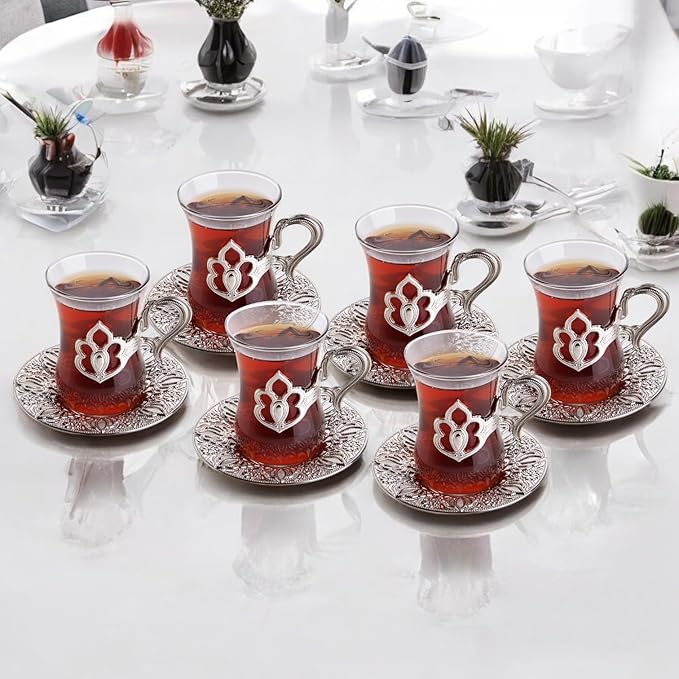 Alisveristime (SET OF 6) Turkish Tea Set with Zamac Holders, Glass Cups, and Saucers, 100ml Capacity, Elegant Serving Set in Gold and Silver (Harman) (Silver)