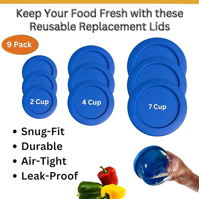 2, 4 & 7 Cup Blue Replacement Lids/Covers for Pyrex, Anchor Hocking & KlareWare Storage Bowls *Lids Only Glass Container Not Included* (9 Pack *Three of Each Size*)