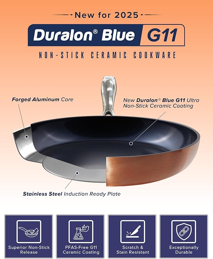 Nuwave Healthy G11-Pots and Pans Set Non Stick, 9H Near-Diamond Hardness Scratch-Resistant, Works on All Stovetops, PFAS Free, with Frying Pans, Saucepans & Glass Lids, Stay-Cool Handles, Copper