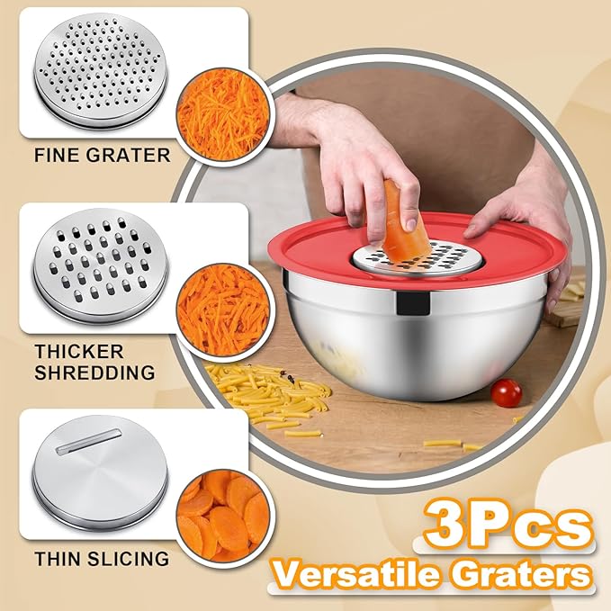 P&P CHEF Mixing Bowls with Lids Set of 6, Stainless Steel Nesting Salad Bowl & 3 Grater Attachments for Prepping Storing, 4.6/2.6/2/1.5/1/0.7 QT, Multicolor