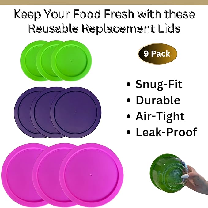 2, 4 & 7 Cup Spring Green, Purple, Pink Replacement Lids/Covers for Pyrex, Anchor Hocking & KlareWare Storage Bowls *Lids Only Glass Container Not Included* (9 Pack *Three of Each Size*)