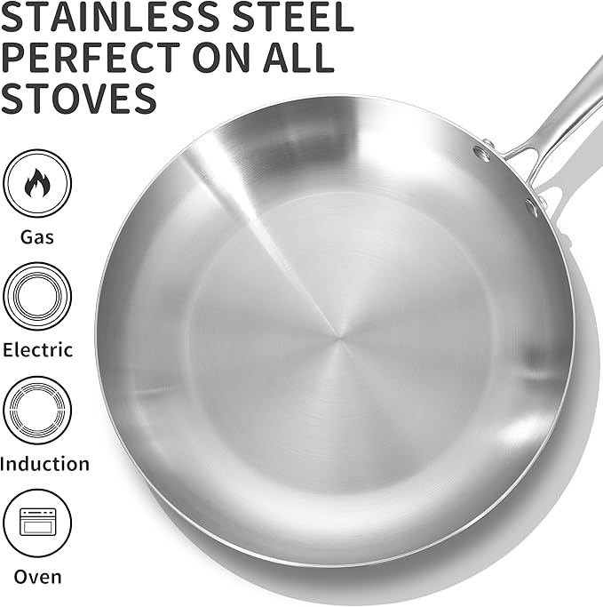 LOLYKITCH 8.5-10 Inch Tri-ply Stainless Steel Frying Pan Set with Lid,Skillets,Induction Cookware,Dishwasher and Oven Safe