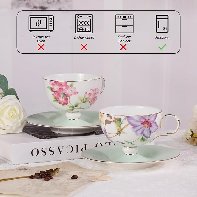 KAMMAK Ceramic Tea Cup and Saucer Set with Gold Trim, Passionflower & Crabapple Blossom Pattern, 220ml Elegant Bone China Coffee Cup with Mint Green Saucer for Afternoon Tea, Gift for Women