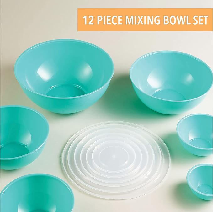Mixing Bowls with Lids Set, Plastic Mixing Bowls with Airtight Lids, Nesting Mixing Bowl Set for Space Saving Storage, Ideal for Cooking, Baking, Food Prep & Food Storage, 12 Piece Set
