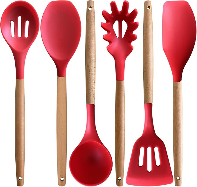Kitchen Cooking Utensils Set 6Pcs Heat Resistant Silicone Kitchen Utensils Spatula Spoon Turner Ladle w Wooden Handle, BPA FREE Silicone Cooking Tool Gadget Set for Nonstick Cookware & Baking
