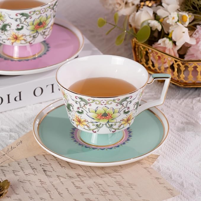 KAMMAK Ceramic Tea Cup and Saucer Set with Gold Trim, Floral Lotus & Scroll Pattern, 240ml Elegant Bone China Coffee Cup Set in Mint Green & Pink for Afternoon Tea, Gift for Women