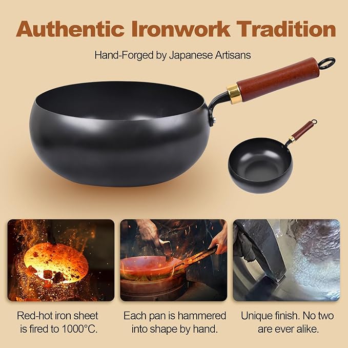 Suntuup Japanese Iron Pan, Uncoated Thick Iron Pot, Hand-Forged Non-Stick Stir Fry Pans Without Chemical Coating, Durable Rust-Free Flat Bottom Pan
