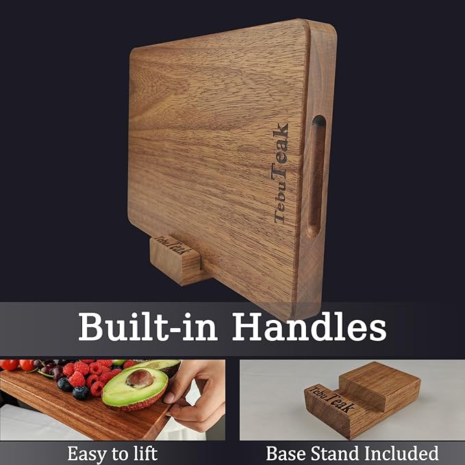 Solid Teak Wood Cutting Board - Single/One Piece Design Wooden Chopping Boards Non Glued Knife-Friendly Durable Chopping Block for Kitchen Meat Vegetable Cheese 12x8 IN (Includes Stand)