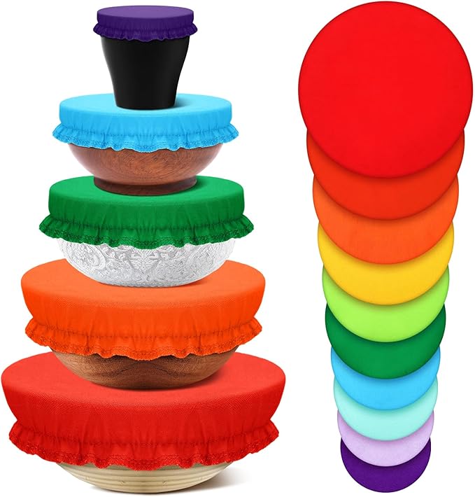 Patelai 10 Pcs Bowl Covers Reusable in 5 Size Stretch Cloth Fabric Elastic Food Storage Bowl Covers Bread Sourdough Lids for Proofing Food Fruits Leftover(Rainbow Style)