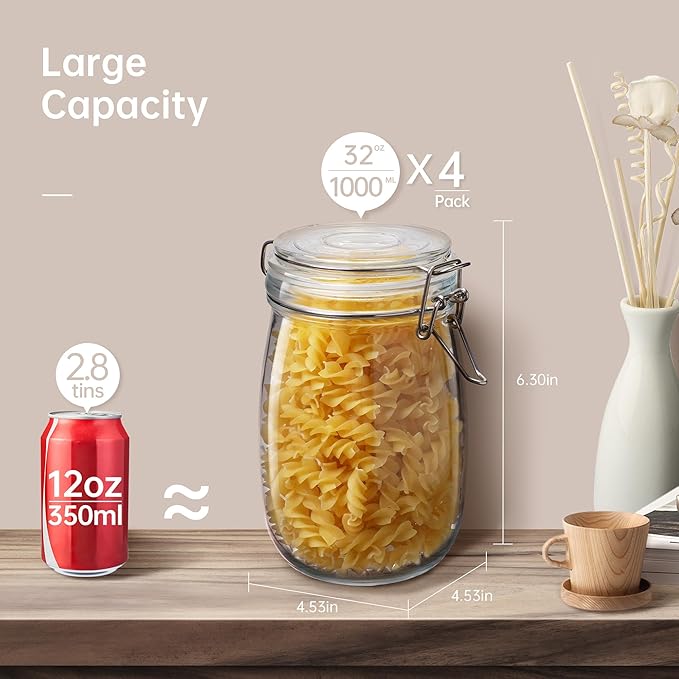 32 oz Wide Mouth Glass Jars with Airtigh Lids, 4 Pack Glass Pickling Jars for Canning, Fermenting, Large Mason Storage Container for Coffee, Flour, Sugar, Pasta