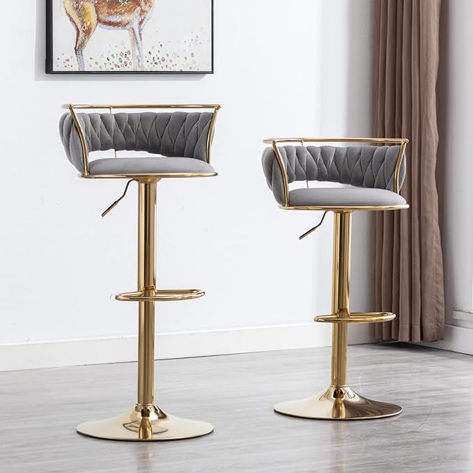 LukeAlon Modern Velvet Adjustable Barstools Set of 4, 360° Swivel Counter Stools with Golden Base Upholstered Open Back Tall Bar Chairs with Footrest for Home Pub Kitchen, Grey