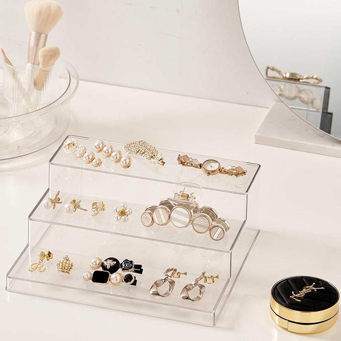 vacane Clear Spice Rack, 3 Tiered Shelf Spice Organizer for Cabinet, Spice Shelf and Jar Organizers Make Up Organization Great for Pantry, Bathroom, Kitchen, Bedroom, Office