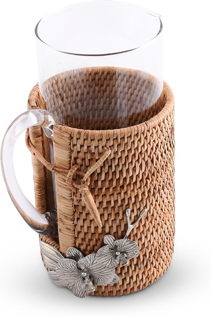 Vagabond House Orchid Adorned Glass Carafe, Lightweight & Durable, Tropical Rattan Wicker Design, Dishwasher Safe, Perfect Table Centerpiece, Ideal Ice Tea Pitcher for Hot or Cold Beverages
