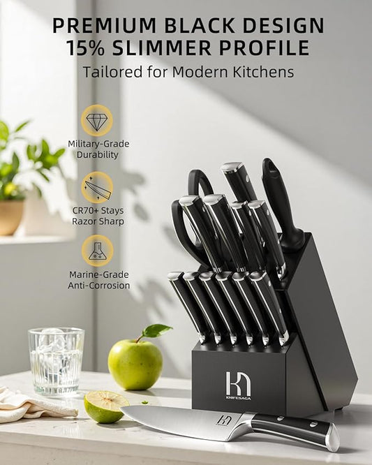 2025 Knife Set 15 Pcs Japanese High Carbon Stainless Steel Kitchen Knife Sets with Block & Sharpener, Premium Razor-Sharp Black Knives Block Set for Kitchen, Ergonomic Full-Tang Handle
