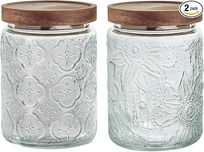 24 OZ/2 PCS Glass Storage Jar with Airtight Bamboo Wooden Lids, Vintage Food Containers Canisters Sets for Kitchen Counter Pantry, Sugar, Flour, Candy, Tea, Coffee Beans, Oats, Grain Bin, Pasta,