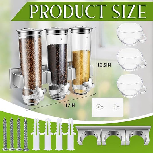 Umigy 1 Pcs Candy Dispenser Wall Mounted, Triple Dry Cereal Grain Dispenser Machine Wall Mount, Food Storage Container for Pantry Snack with 3 Cup for Kitchen, 39 oz (Silver)