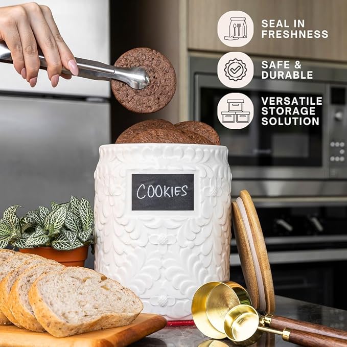 Ceramic Canister Set for the Kitchen Set of 2 - 94/52 Oz - Food Storage Containers, Airtight Bamboo Lid, Decorative Flour Sugar Coffee Canister, Food Container for Coffee, Flour, Sugar, Cookie Jar