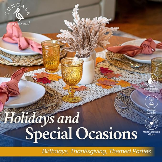 Yungala Amber Wine Glasses, set of 6 Glass Goblets made with Amber Glass (not coated or sprayed). Genuine Handcrafted Colored Glassware for your Fall Tablescape.