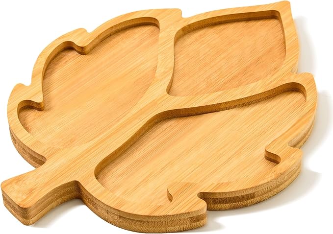 AWIZOM Leaf Wooden Serving Platter Thanksgiving Bamboo Serving Tray Wooden Snack Cheese Charcuterie Board Sectional Wood Fall Leaf Dish Plate for Fall Autumn Harvest Party Supply,11.02x14.56x0.79