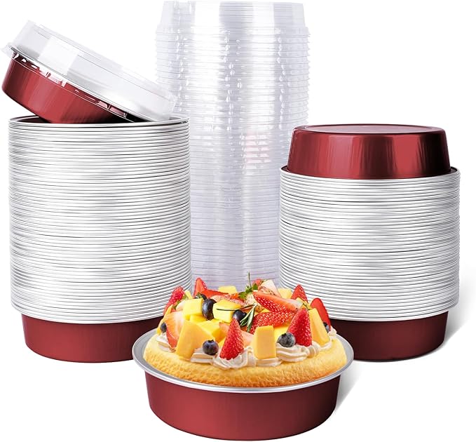 Beasea Disposable Mini Pie Tins with Lids, 120 Pack 4” 7.3oz 215ml Small Round Aluminum Baking Tart Foil Container for Individual Dessert Cupcake Cheesecake Ramekin Quiche Oven Dishes - Wine Red