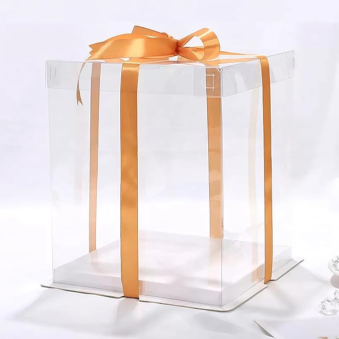 30 Pcs, 12'x12'x11' inch Food Grade Clear Plastic Display Boxes, 29.4 x 29.4 x 25 cm with Ribbon, for Cakes, Bakeries, Desserts, Birthday, Christmas and Thanksgiving