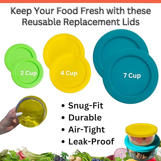 2, 4 & 7 Cup Spring Green, Yellow, Turquoise Replacement Lids/Covers for Pyrex, Anchor Hocking & KlareWare Storage Bowls *Lids Only Glass Container Not Included* (6 Pack *Two of Each Size*)
