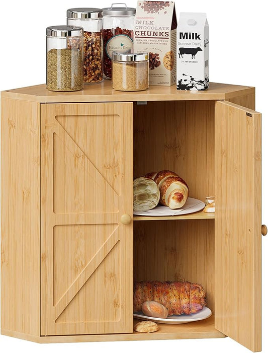 Corner Bread Box for Kitchen Counter Double Layer Bamboo Bread Storage Container Large Capacity Bread Storage Bin Farmhouse Breadbox Organizer (Bamboo Natural)