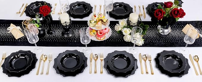 COLOSUS Black Plastic Party Bowls (60 Pack) 12 Oz Disposable Soup/Salad Bowl, Fancy Shatterproof Dinnerware for Catering, Holidays, Weddings, and Everyday Use