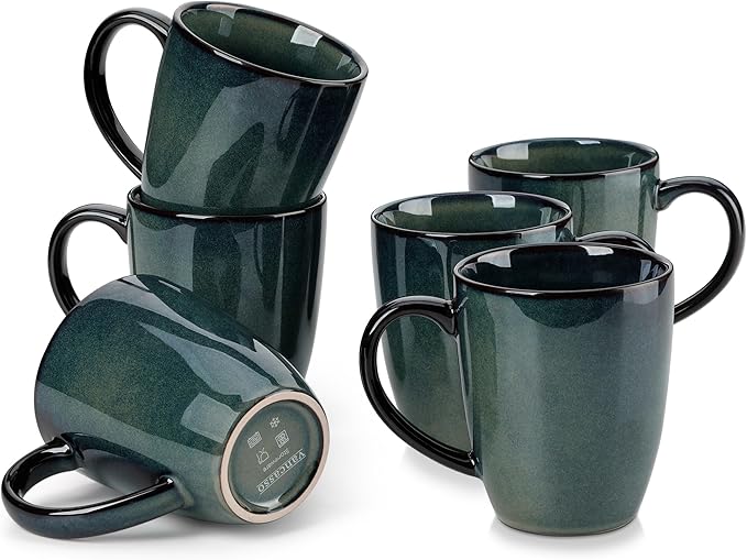 vancasso STARRY Ceramic Coffee Mug Set of 6, 12 Oz Tea Cups with Handle for Latte, Tea, Cappuccino, Milk, Cocoa, Microwave&Dishwasher Safe, Green