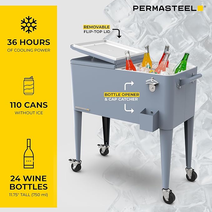 Permasteel 80 Quart Party Cooler, Rolling Ice Chest with Wheels and Handles for Indoor Outdoor Patio