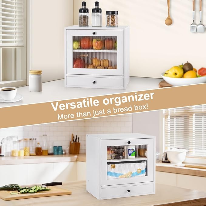 Sunhoo Bread Box for Kitchen Countertop Bin 2 Layer Wooden Bread Storage Breadbox Holder Large Capacity Container Bread Organizer Farmhouse Keeper Shelf with Drawer Acrylic Window (White
