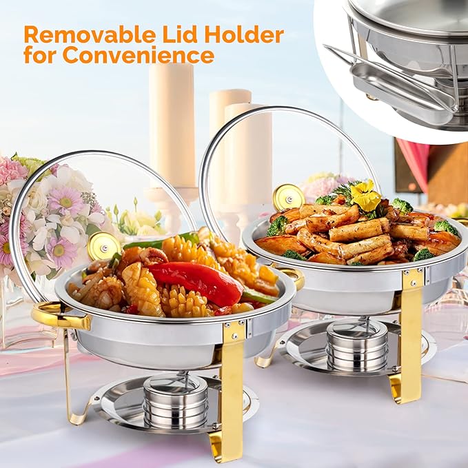 ROVSUN 5QT 6 Pack Chafing Dish Set Gold Accent, Round NSF Stainless Steel Buffet Warmer Chafers with Glass Lid & Lid Holder for Catering Events Parties Weddings Dinners
